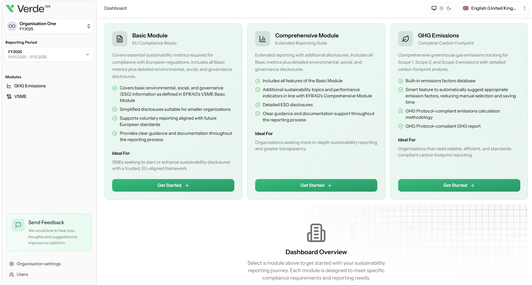Screenshot of the Verde 365 VSME Basic Module showing the guided sustainability questionnaire with data collection fields and validation indicators