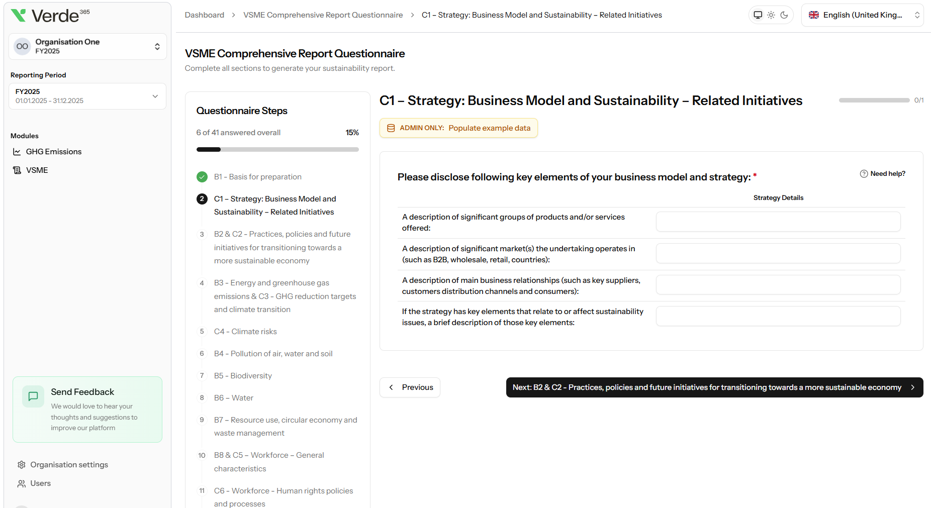 Screenshot of the Verde 365 VSME Comprehensive Module displaying extended ESG reporting fields with help text guidance and progress tracking