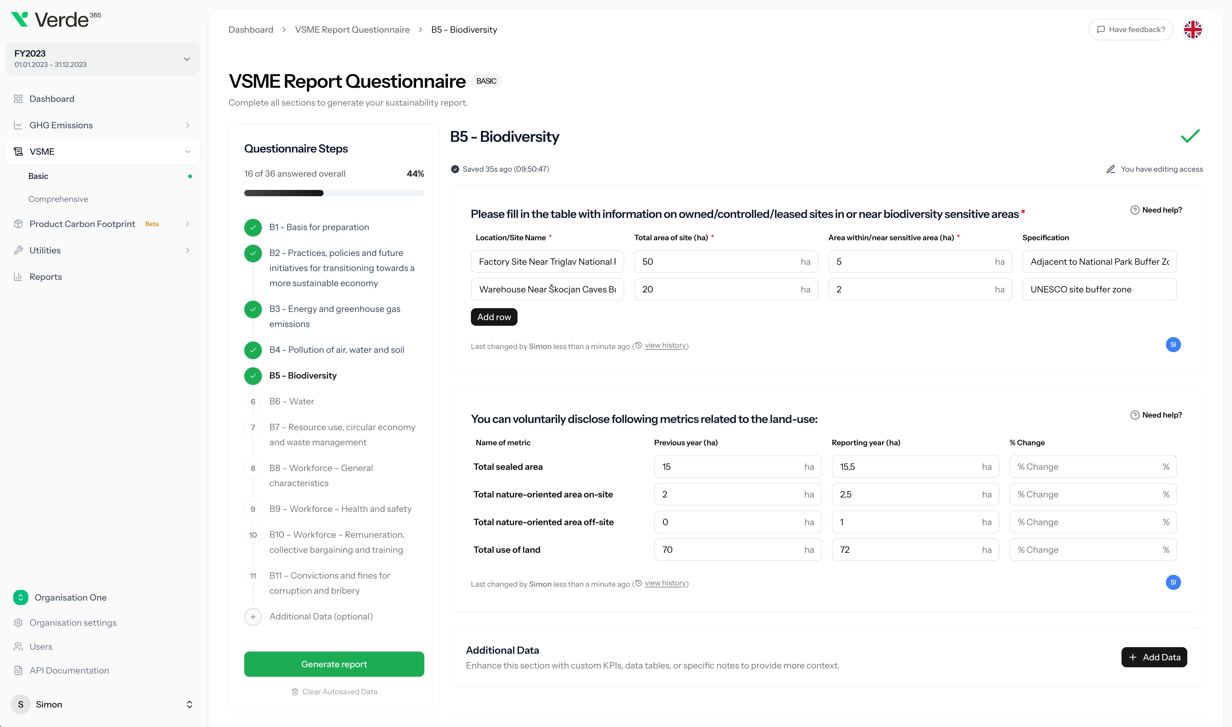 Verde365 VSME reporting workspace showing the questionnaire and report builder